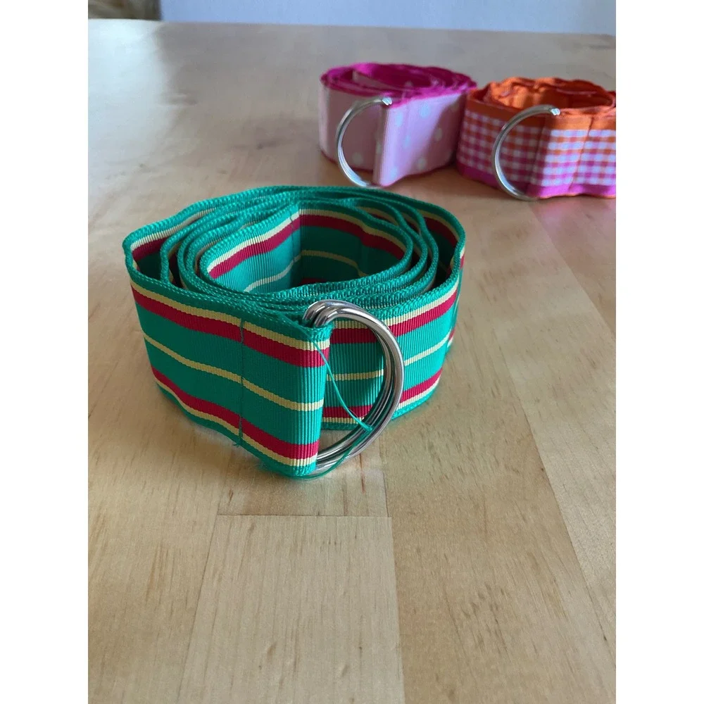 Lot of 3 Handmade Grosgrain Ribbon D-Ring Belts Preppy Stripes Polka Dot Gingham